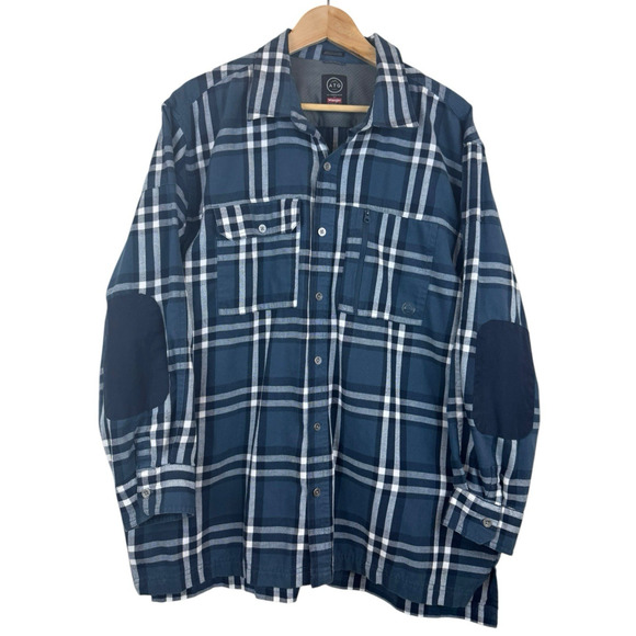 Wrangler ATG Flannel Shirt Mens XL Blue Elbow Patches All Terrain Gear Tech‎ - Picture 1 of 7